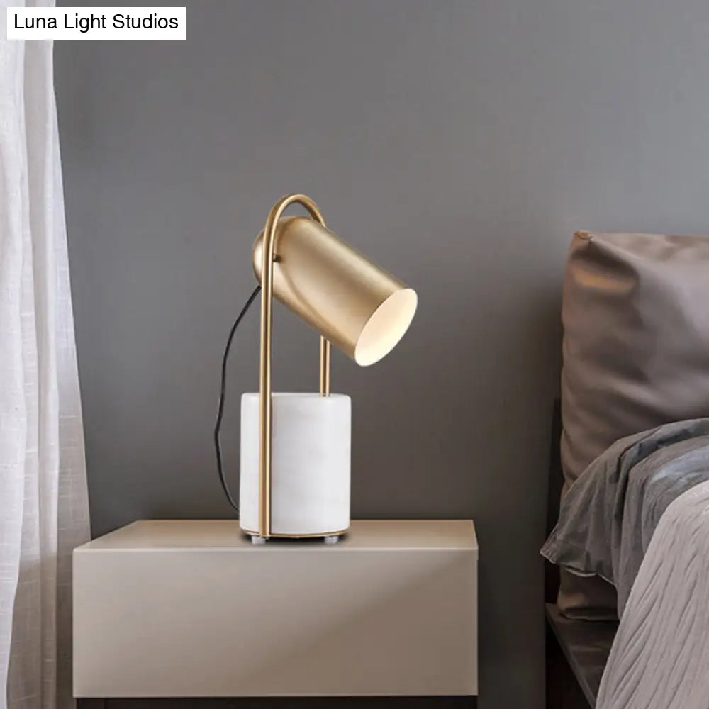 Metal Cloche Table Lamp With White Marble Pedestal - Designer 1-Light Brass Nightstand Light