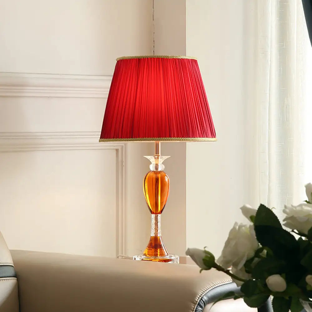 Aldib - Modernist Red Urn Base Night Table Lighting 1-Head Clear Crystal Reading Lamp With Cone