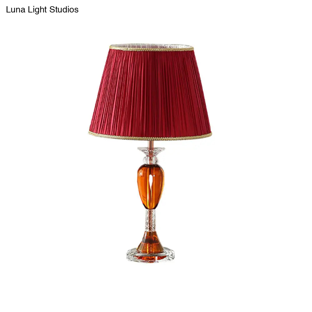 Modernist Red Urn Base Night Table Lamp - Clear Crystal Reading Light With Cone Fabric Shade