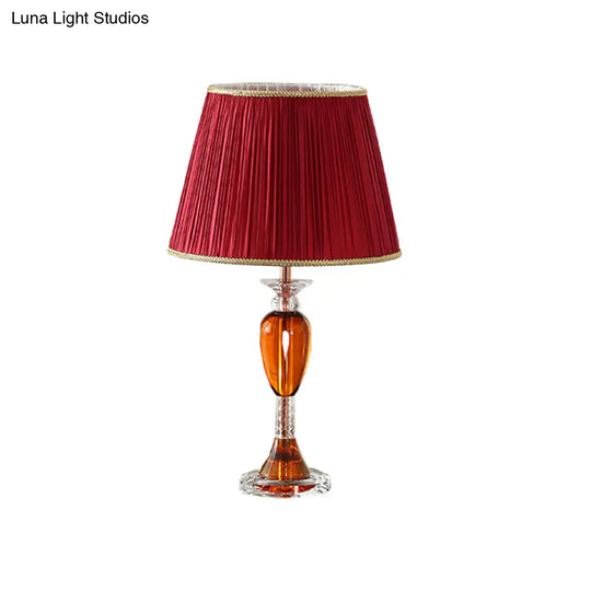 Modernist Red Urn Base Night Table Lamp - Clear Crystal Reading Light With Cone Fabric Shade