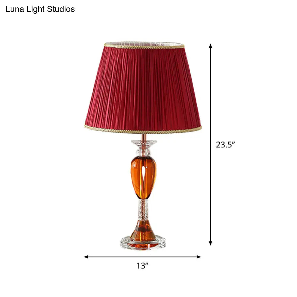 Modernist Red Urn Base Night Table Lamp - Clear Crystal Reading Light With Cone Fabric Shade