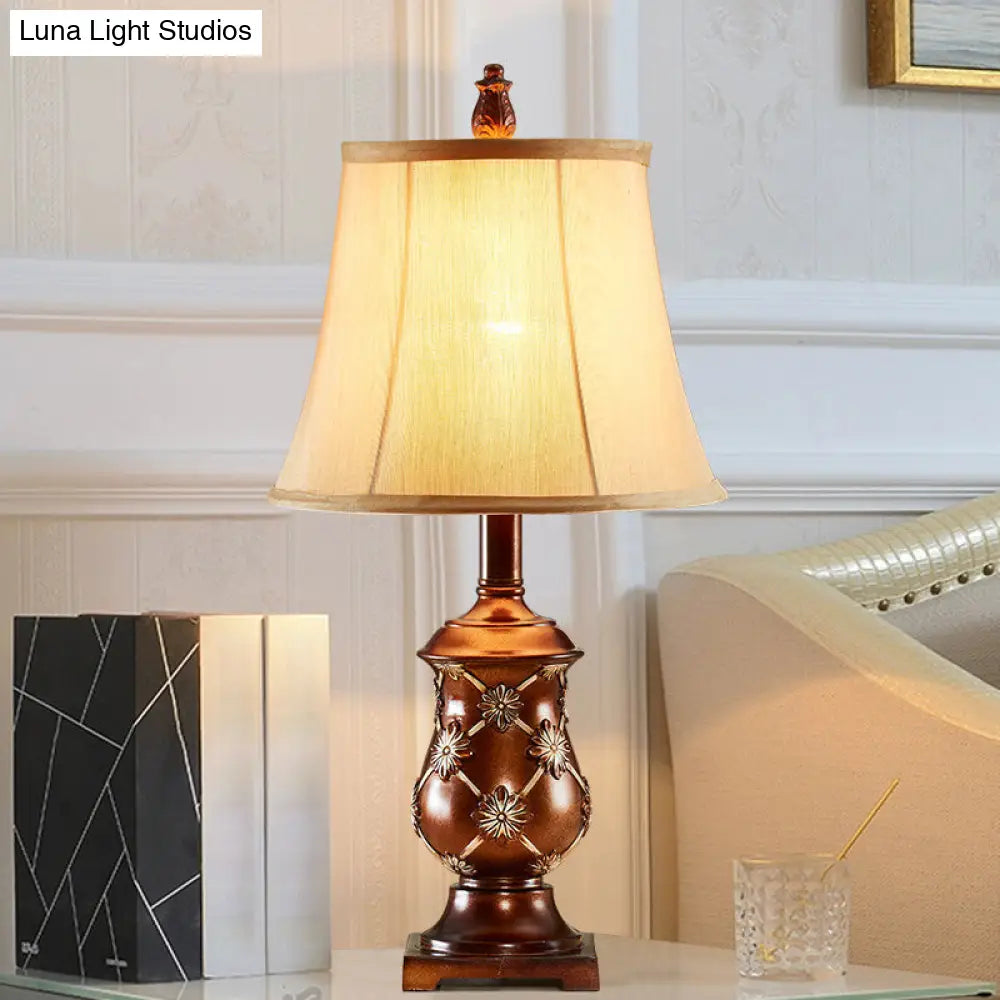 Traditional Style Brown Fabric Bell Shade Nightstand Lamp With Urn Base - 1-Bulb Desk Light