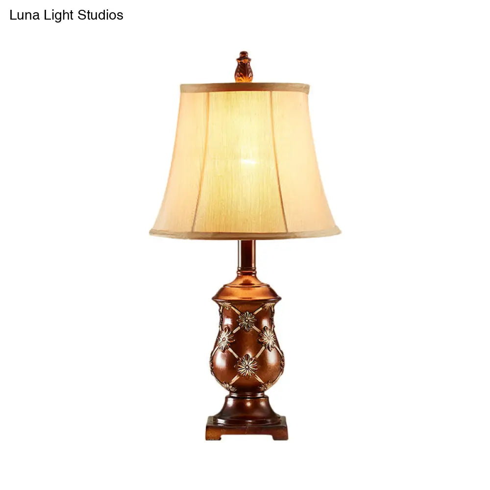 Alessia - Brown Fabric Bell Shade Night Stand Lamp Traditional Style 1-Bulb Desk Light In With Urn