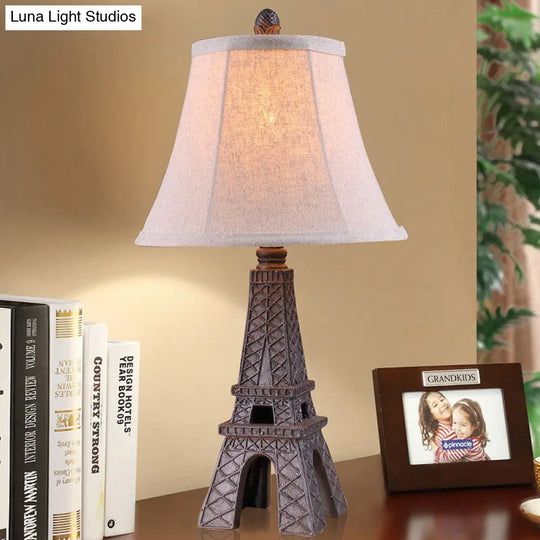 Paris Tower Desk Lamp With Bell Fabric Shade - Ideal For Country Bedroom Ambiance Flaxen