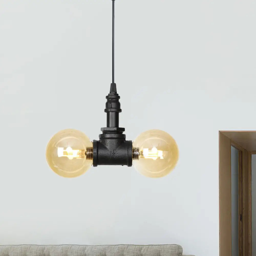Alfa - Industrial Coffee House Suspension Lamp With Globe/Capsule Amber Glass Black / A