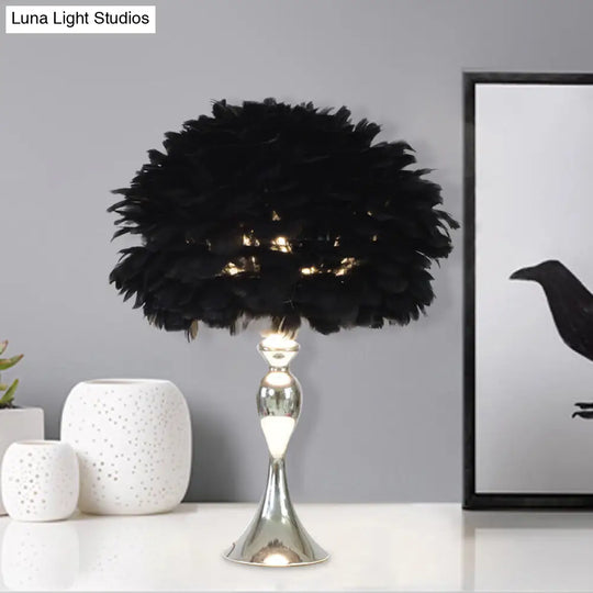 Modern Black/Purple Dome Night Lamp With Feather Table Light And Chrome Baluster Base