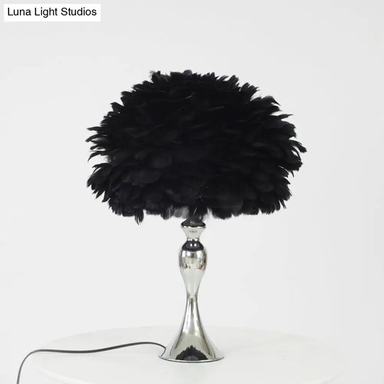 Modern Black/Purple Dome Night Lamp With Feather Table Light And Chrome Baluster Base