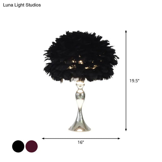 Modern Black/Purple Dome Night Lamp With Feather Table Light And Chrome Baluster Base