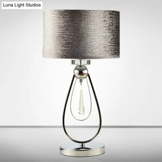 Contemporary Brushed Grey Drum Table Lamp With Teardrop Stand