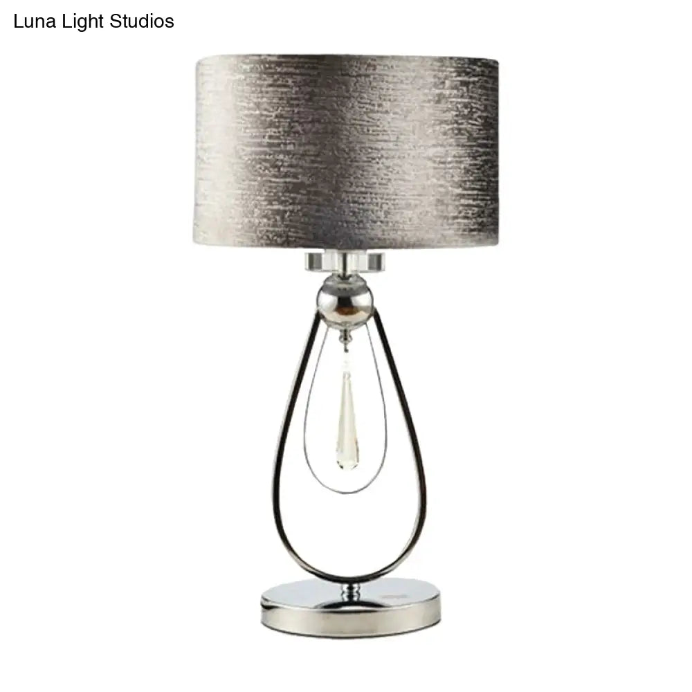 Contemporary Brushed Grey Drum Table Lamp With Teardrop Stand