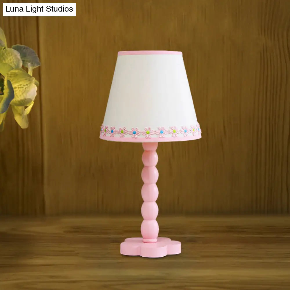 Contemporary Wood Night Table Lamp: White And Pink Barrel Reading Light With Flower Pattern