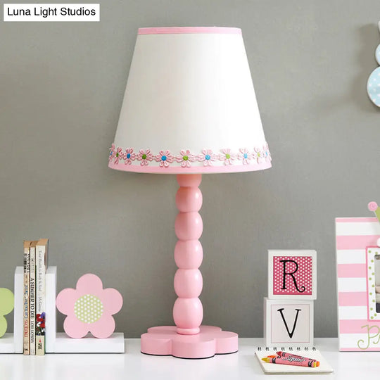 Contemporary Wood Night Table Lamp: White And Pink Barrel Reading Light With Flower Pattern