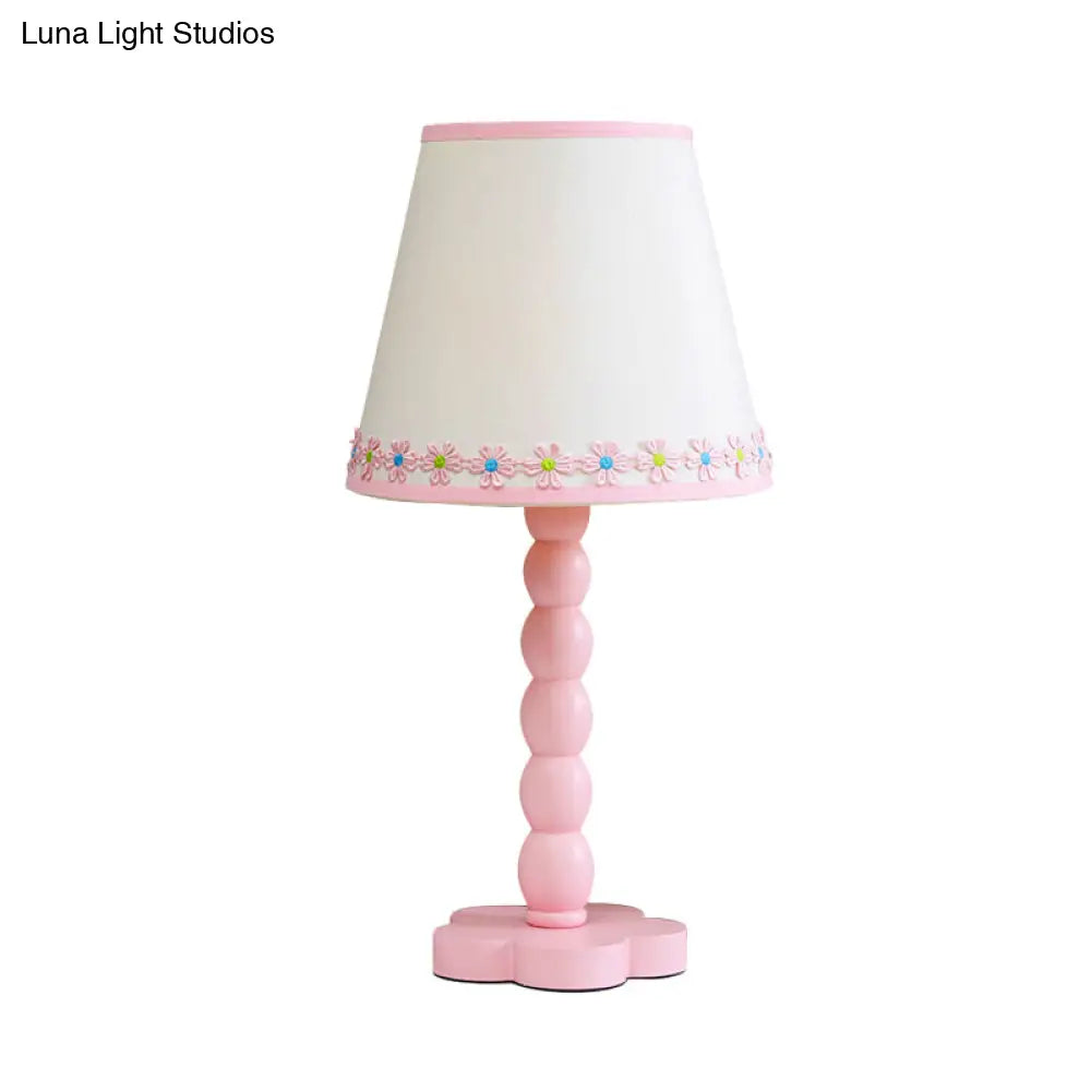 Contemporary Wood Night Table Lamp: White And Pink Barrel Reading Light With Flower Pattern