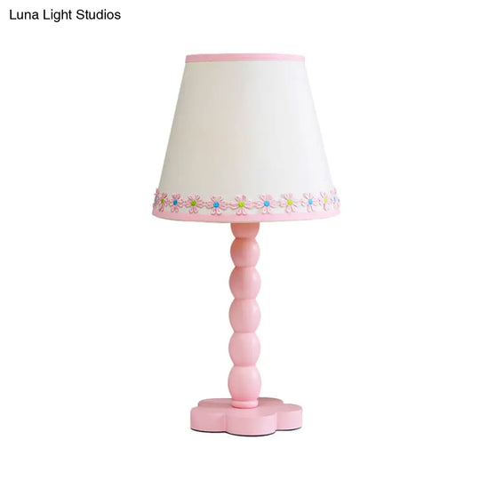 Contemporary Wood Night Table Lamp: White And Pink Barrel Reading Light With Flower Pattern