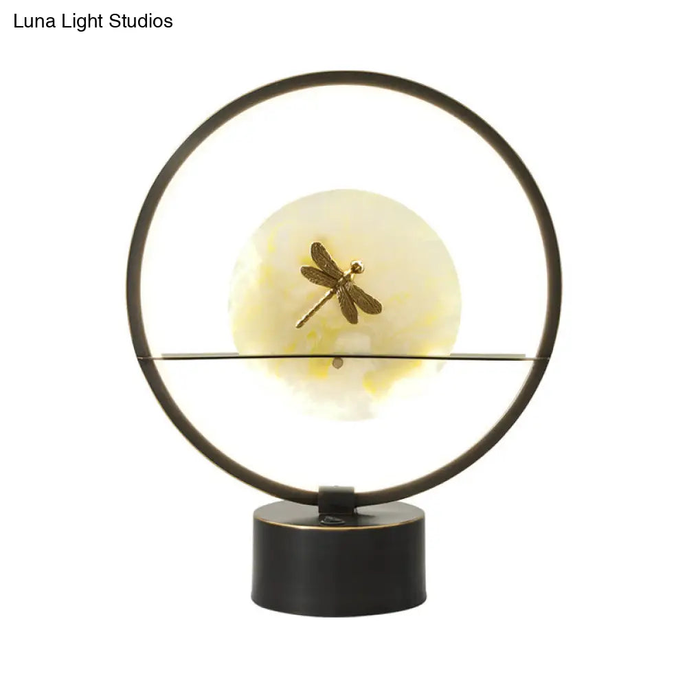 Minimalist Led Metal Desk Lamp - Black Round Night Light With Dragonfly Detail