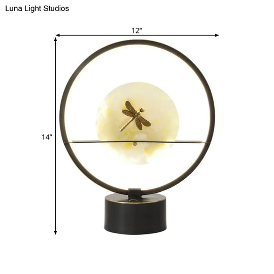 Minimalist Led Metal Desk Lamp - Black Round Night Light With Dragonfly Detail