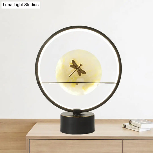 Minimalist Led Metal Desk Lamp - Black Round Night Light With Dragonfly Detail