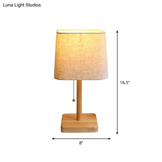 Nordic Wood Nightstand Lamp With Pull Chain For Bedroom - 1-Light Table Light Square Fabric Shade