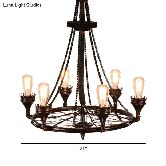 Alniyat - Vintage Rust Wheel Chandelier Pendant Light Industrial Metallic 6-Bulb Restaurant Pendulum