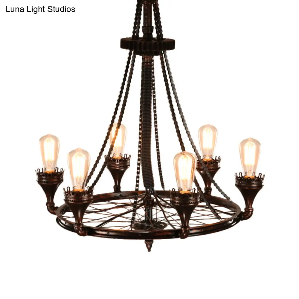 Alniyat - Vintage Rust Wheel Chandelier Pendant Light Industrial Metallic 6-Bulb Restaurant