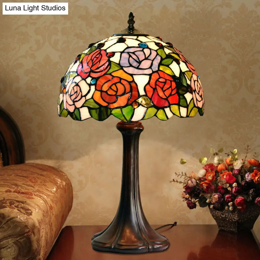 1-Head Tiffany Bronze Handcrafted Art Glass Table Lamp - Jeweled Nightlight With Blossom Pattern