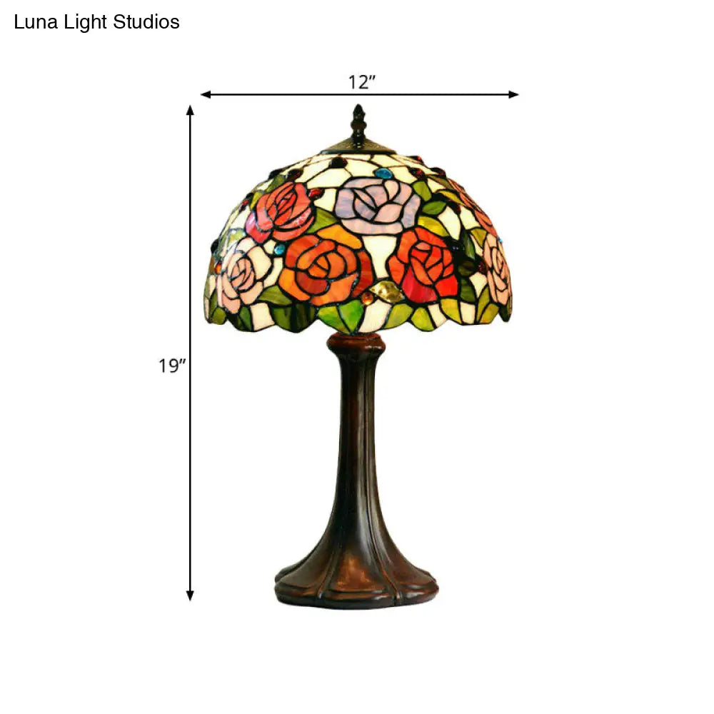 1-Head Tiffany Bronze Handcrafted Art Glass Table Lamp - Jeweled Nightlight With Blossom Pattern