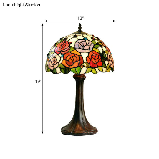 1-Head Tiffany Bronze Handcrafted Art Glass Table Lamp - Jeweled Nightlight With Blossom Pattern