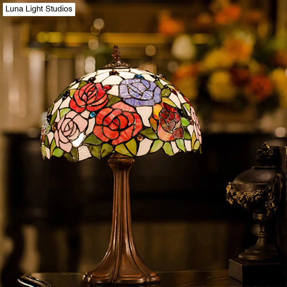 1-Head Tiffany Bronze Handcrafted Art Glass Table Lamp - Jeweled Nightlight With Blossom Pattern