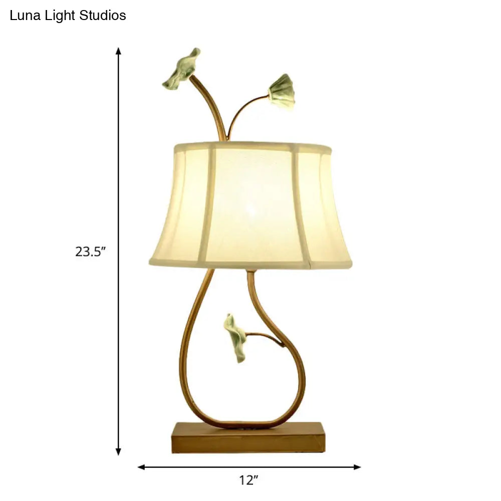 Conic Night Lamp With White/Green Traditional Fabric Shade And Orbit/Lotus Seedpod Base