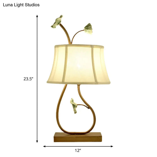 Conic Night Lamp With White/Green Traditional Fabric Shade And Orbit/Lotus Seedpod Base