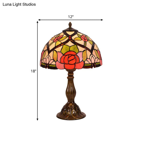 Victorian Stained Glass Nightstand Lamp With Brass Finish & Bowl Shade