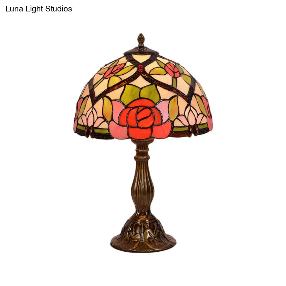 Victorian Stained Glass Nightstand Lamp With Brass Finish & Bowl Shade