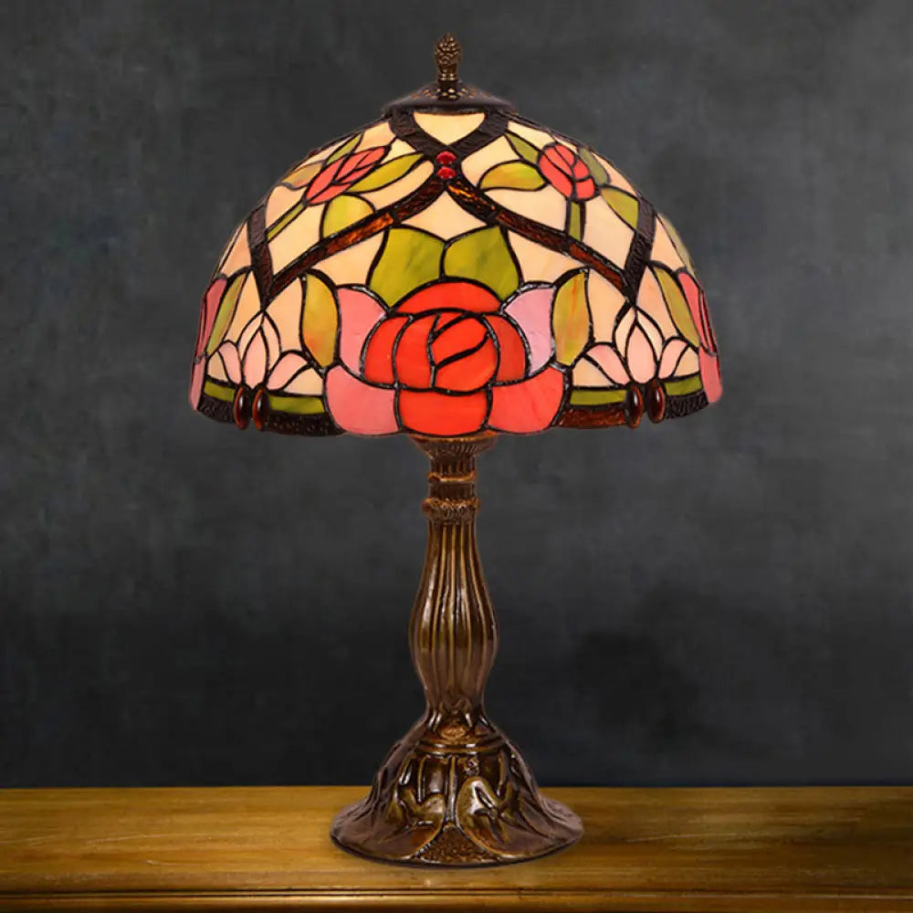 Alrai - Victorian Bloom Night Lighting Stained Glass 1 Light Brass Finish Nightstand Lamp With Bowl