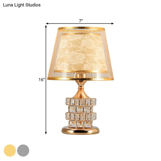 Traditional Gold/Silver Floral Inner Shade Table Lamp With Crystal Blocks: Bedside Nightstand Light