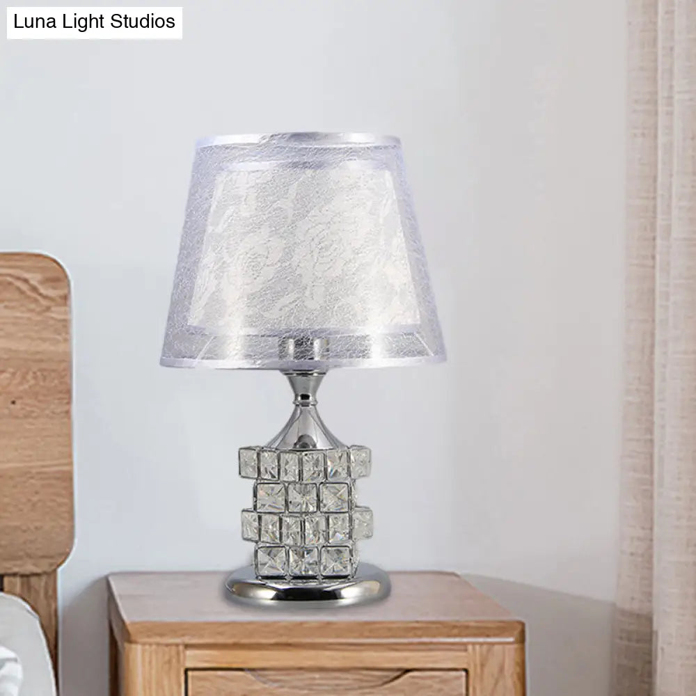 Traditional Gold/Silver Floral Inner Shade Table Lamp With Crystal Blocks: Bedside Nightstand Light