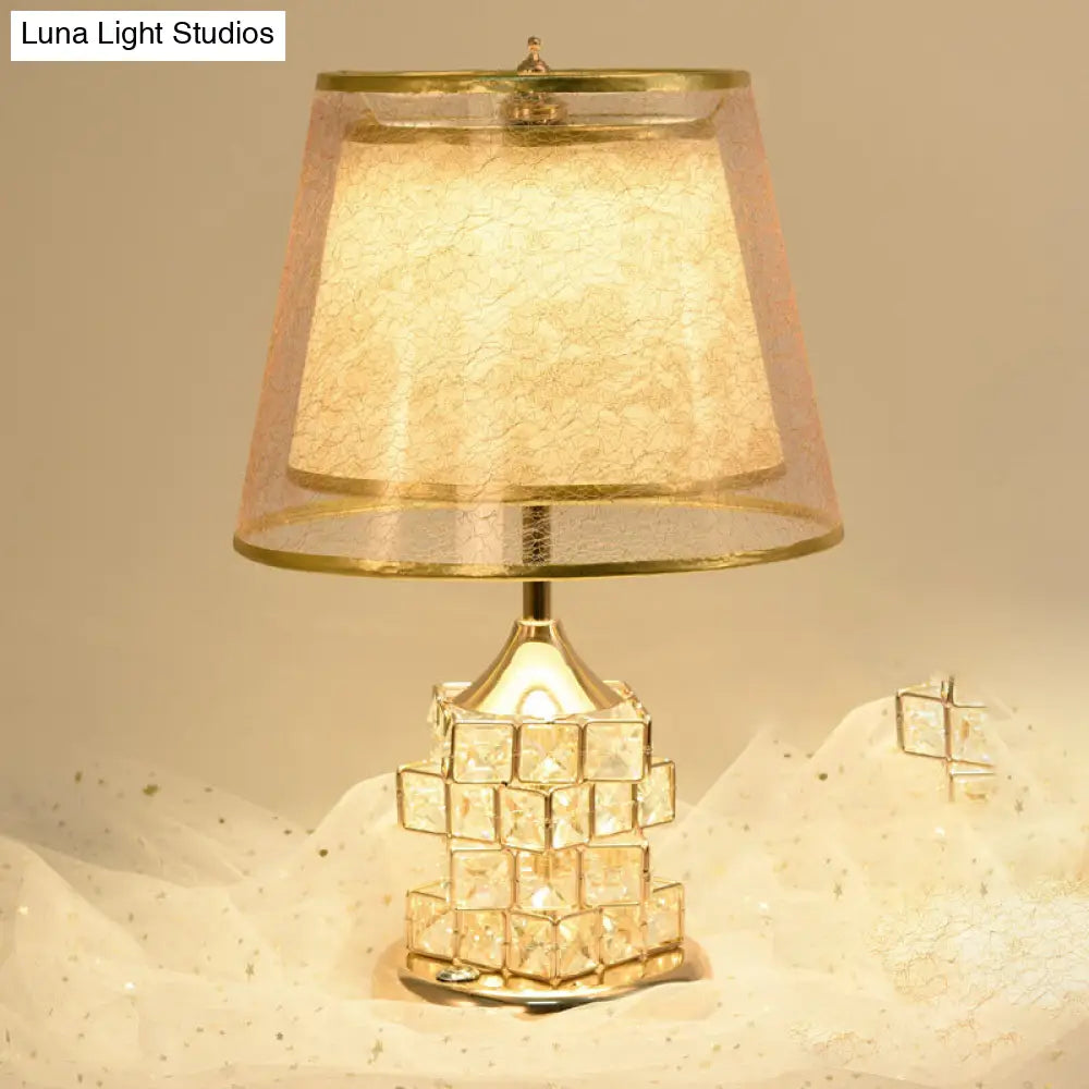 Traditional Gold/Silver Floral Inner Shade Table Lamp With Crystal Blocks: Bedside Nightstand Light