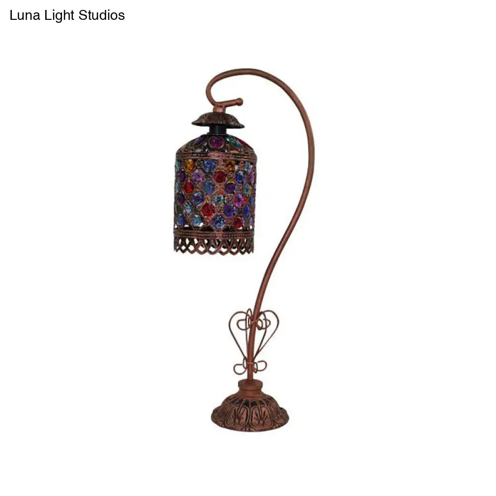 Bohemia Copper Stained Glass Gooseneck Nightstand Lamp With Beaded Table Light