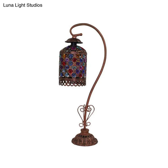 Bohemia Copper Stained Glass Gooseneck Nightstand Lamp With Beaded Table Light