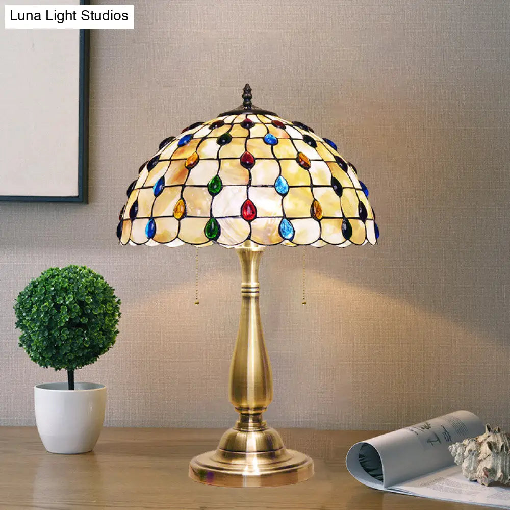 Tiffany Shell Grid Table Lamp - Jewel-Embedded | Gold Pull Chain Bedroom Nightstand Light With 2