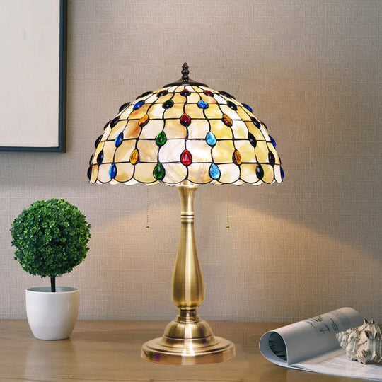 Altais - Gold Jewel-Embedded Grid Table Light Tiffany Shell 2 Bulbs Pull Chain Nightstand Lamp For