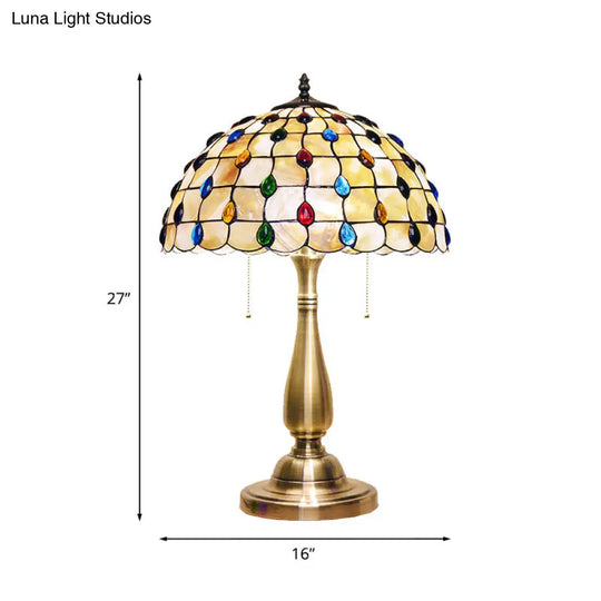 Tiffany Shell Grid Table Lamp - Jewel-Embedded | Gold Pull Chain Bedroom Nightstand Light With 2