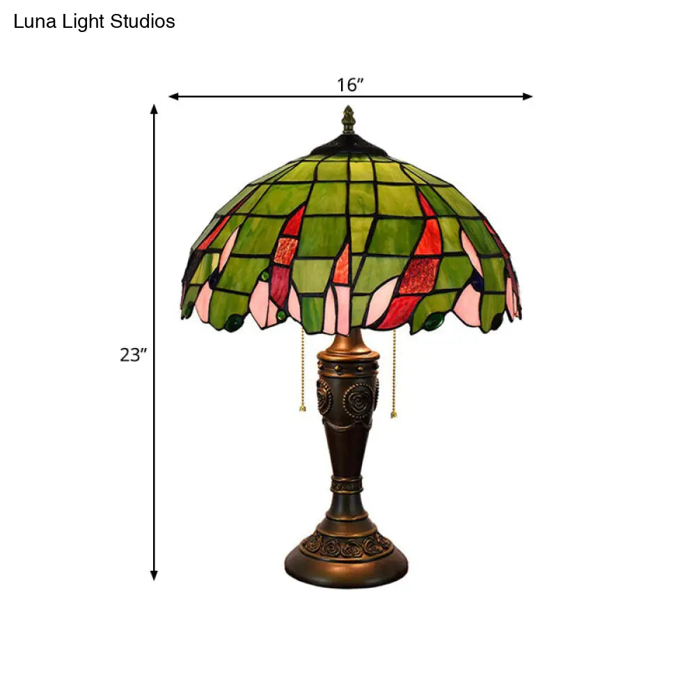 Tiffany Green Glass Leaf Patterned Bronze Table Lamp With Pull Chain - 2 Heads Nightstand Light