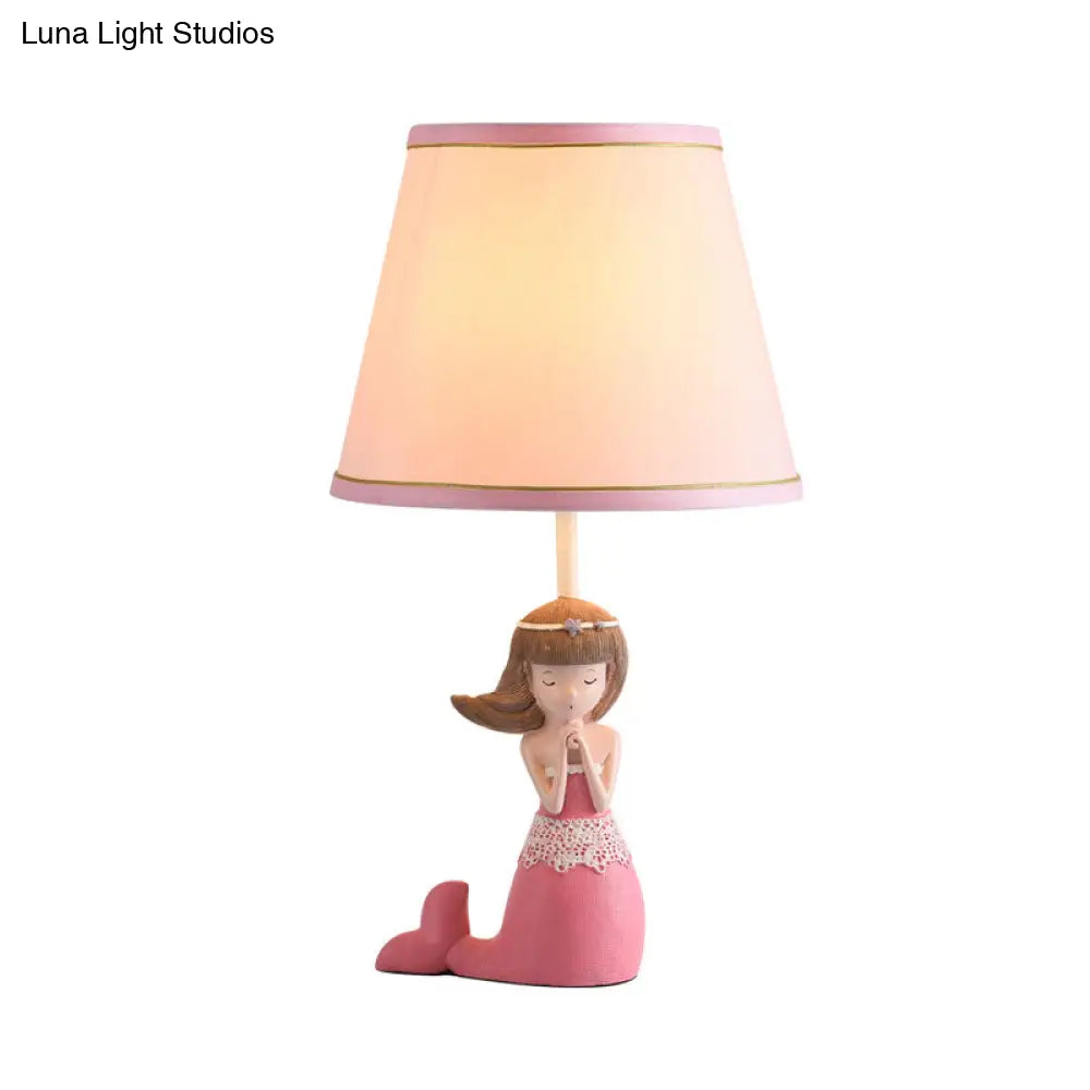 Aludra - Pink Cartoon Single Desk Light With Barrel Shade Fabric Finish Girl Night Table Lamp