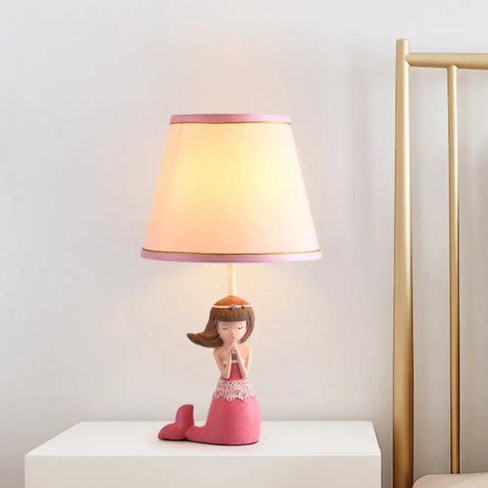 Aludra - Pink Cartoon Single Desk Light With Barrel Shade Fabric Finish Girl Night Table Lamp