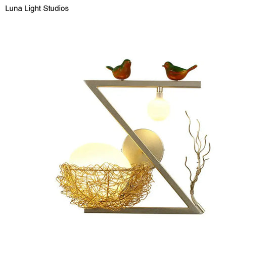 Aluminum Bird Den Wall Sconce Art Decor With 1-Light Gold Finish Oval White Glass Shade