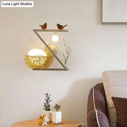 Aluminum Bird Den Wall Sconce Art Decor With 1-Light Gold Finish Oval White Glass Shade