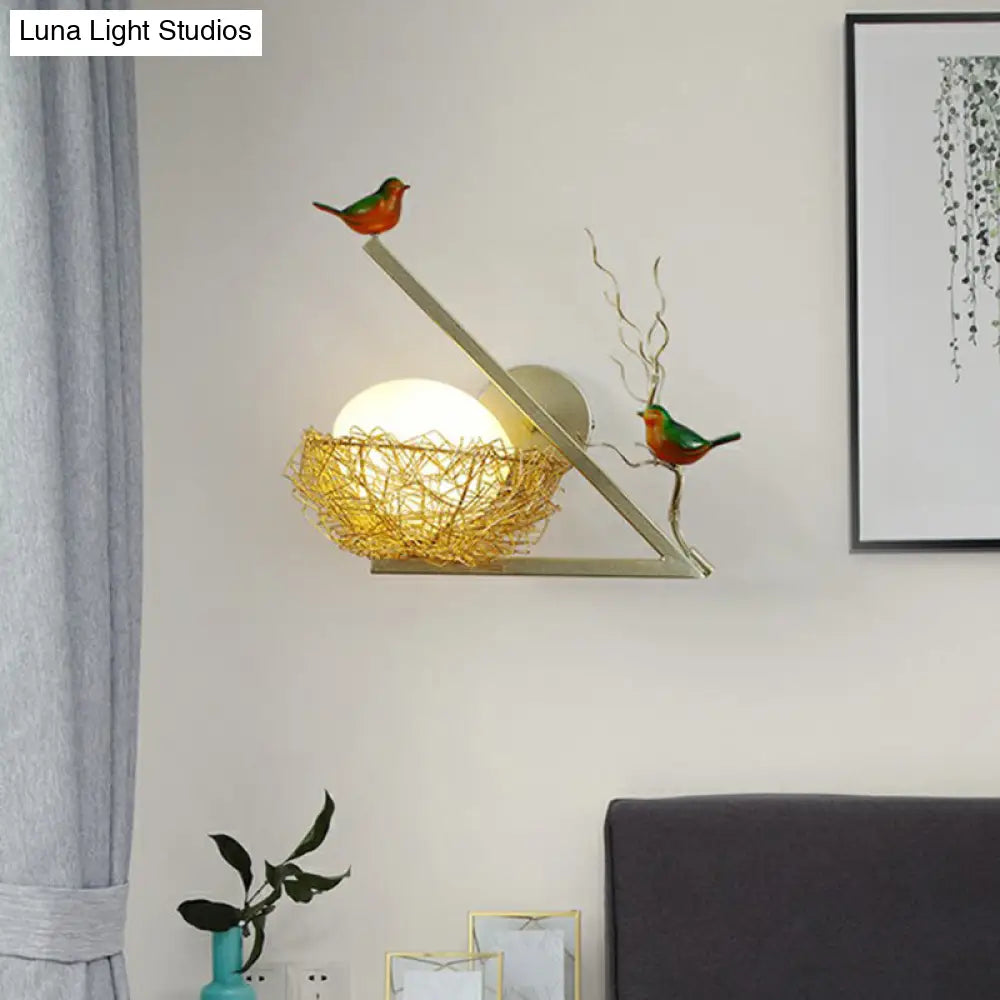 Aluminum Bird Den Wall Sconce Art Decor With 1-Light Gold Finish Oval White Glass Shade