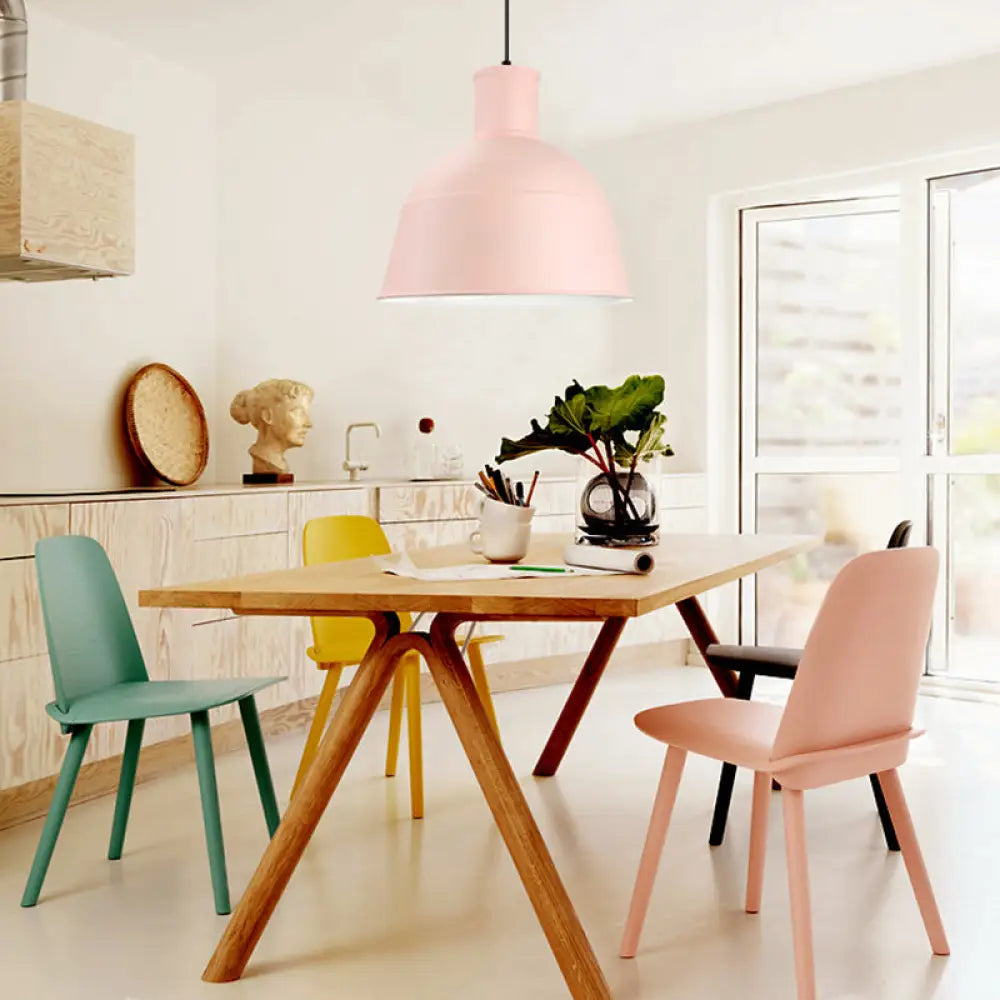 Aluminum Kindergarten Pendant Light - Macaron Loft Hanging Lamp One-Light Dining Room Bowl Pink