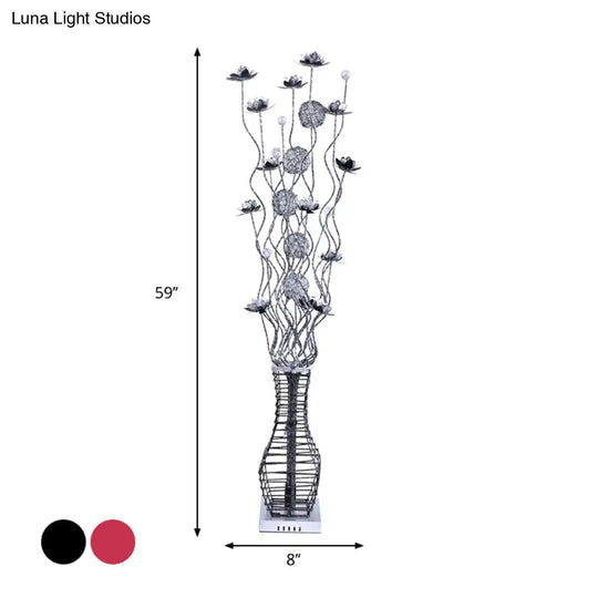 Aluminum Tree Branch Led Floor Lamp With Vase Pedestal - Stylish Bedside Light In Black And