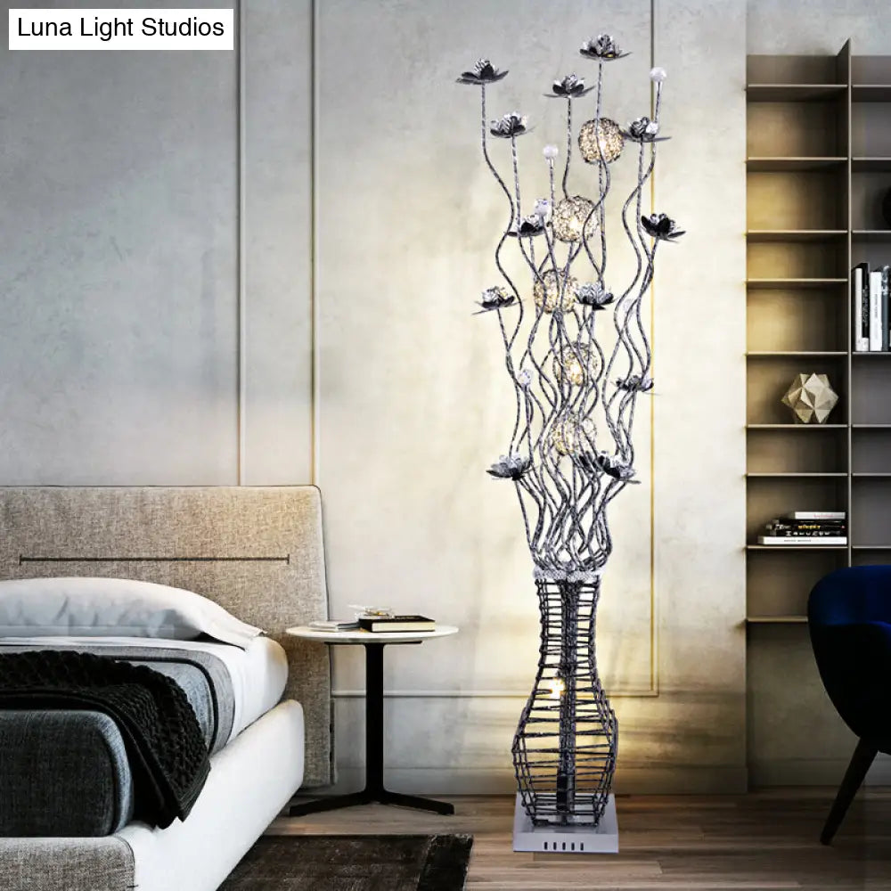 Aluminum Tree Branch Led Floor Lamp With Vase Pedestal - Stylish Bedside Light In Black And